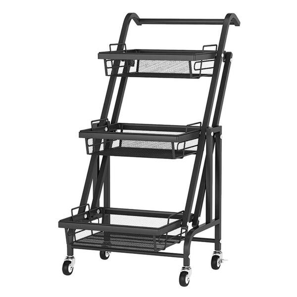 Unbranded Black Kitchen Cart with 3-Tier Folding Rolling
