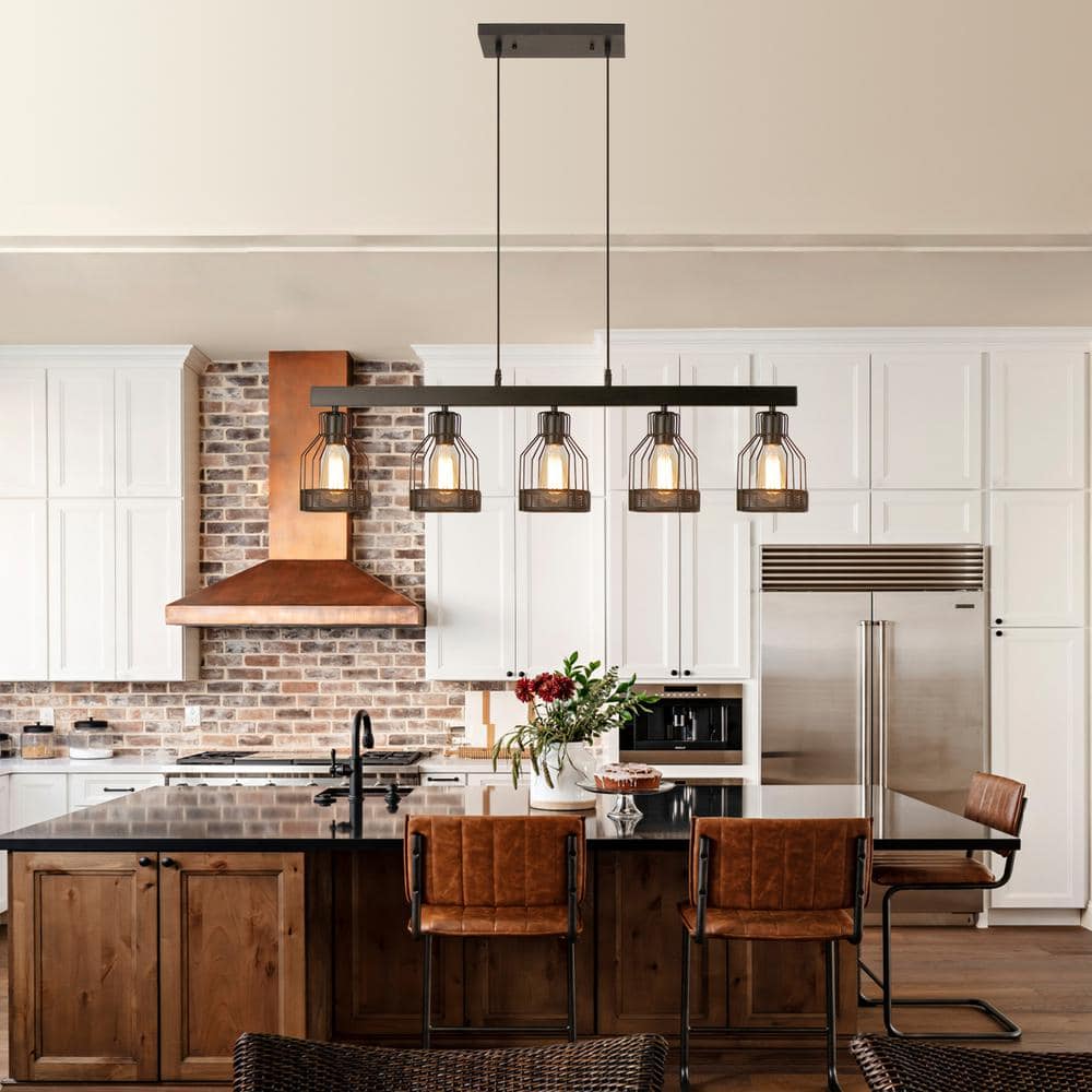 Black Metal Cage 5-Light Linear Island Chandelier