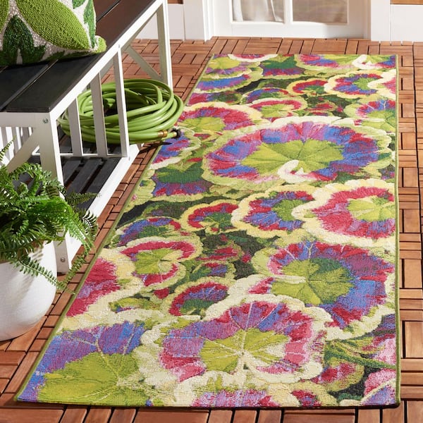 Barbados Black Green/Purple 3 ft. x 8 ft. Oversized Floral Indoor/Outdoor Runner Rug