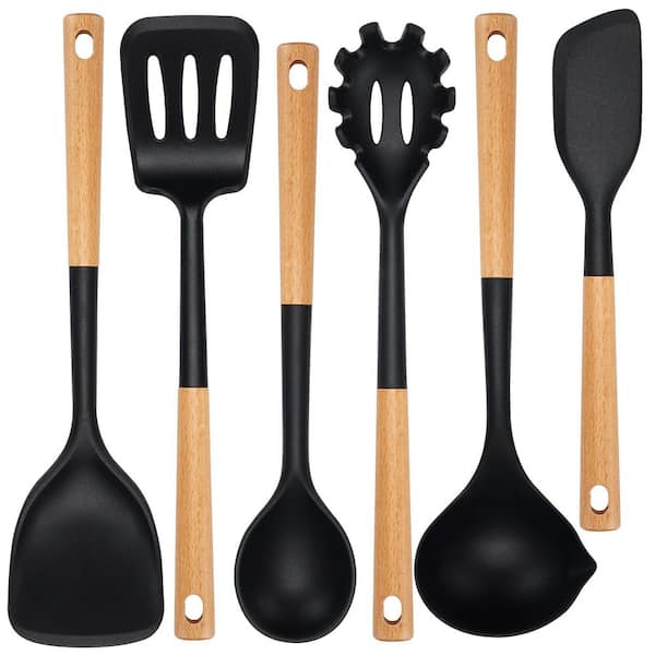 Heat Resistant Silicone Baking Spatula Spoonula Set with Wooden Handle Black for Home Cooking Baking Frying (6-Pack)