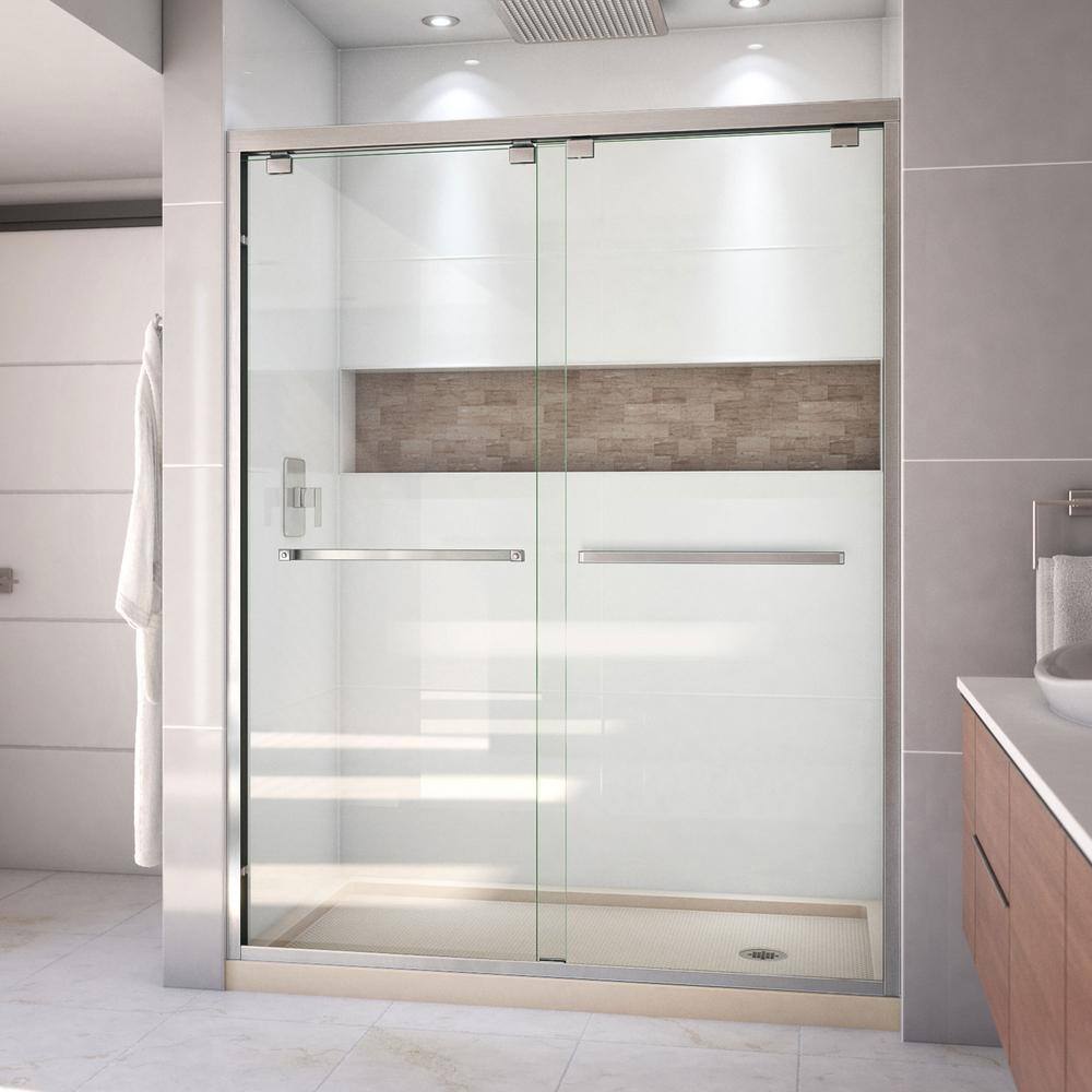 Encore 32 in. D x 60 in. W x 78.75 in. H Semi-Frameless Sliding Shower Door in Brushed Nickel with Biscuit Base price history on PriceWatchPro