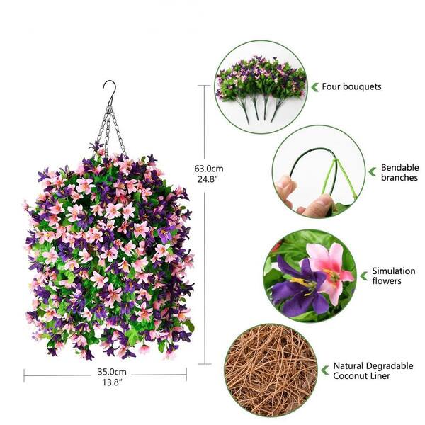 20 in. H Artificial Hanging Silk Violet Flowers in Basket, Outdoor
