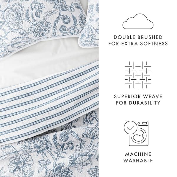 Becky Cameron All Season 3-Pcs Jacobean/Stripe Reversible Dusk Blue Microfiber Quilt Set with Shams IH-QPP-JAC-K-DB