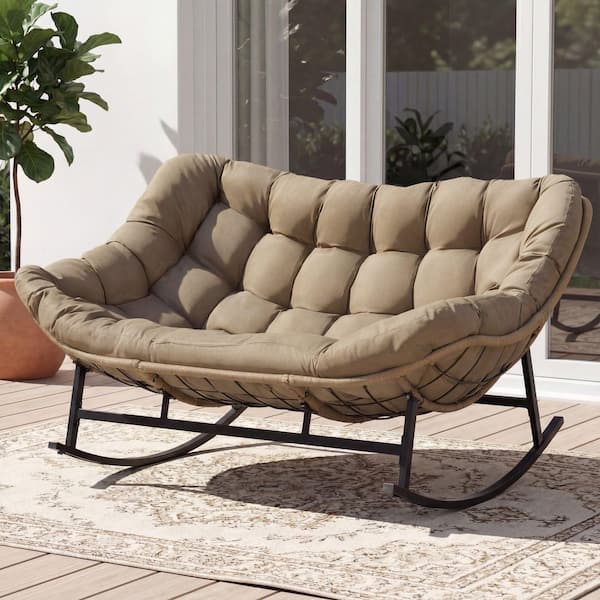 FINCATI Wicker Outdoor Rocking Chair with Brown Cushion, Double Patio Lounge Seat for Porch or Deck