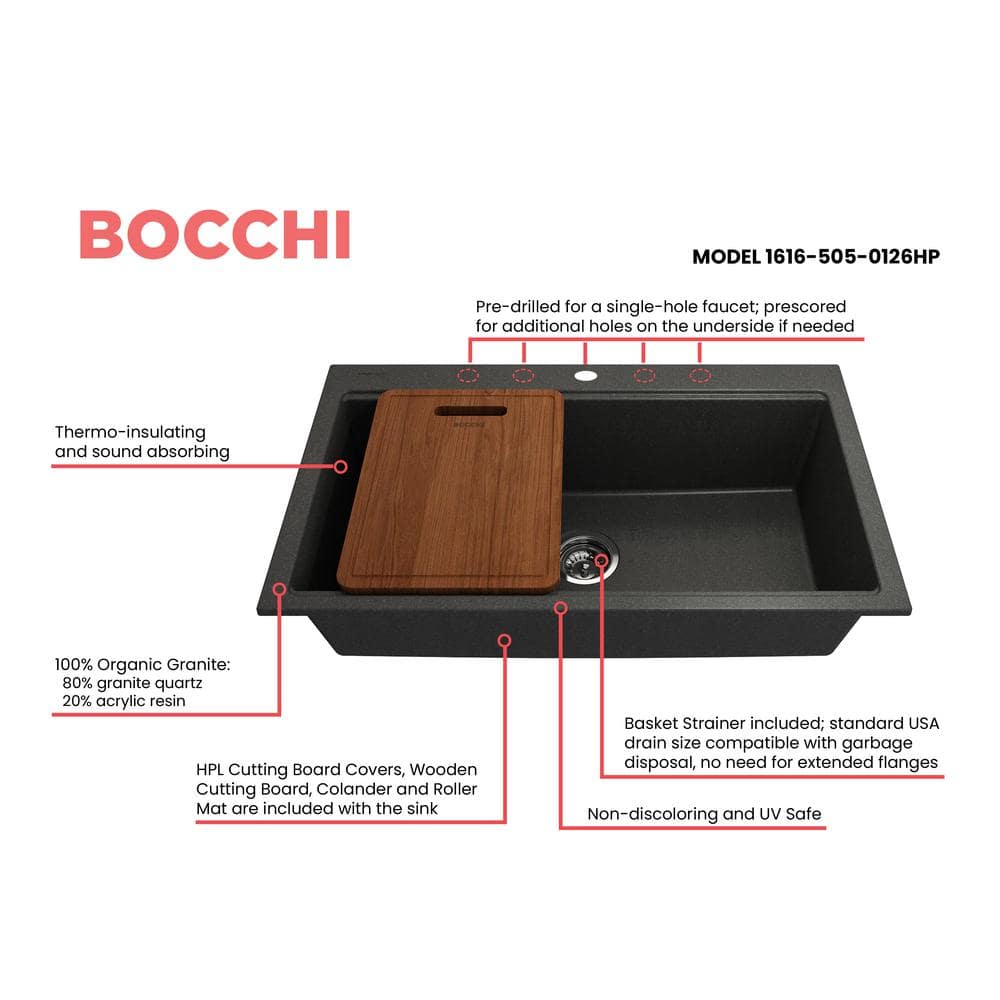Baveno Lux 34" Metallic Black Granite Single Bowl Drop-In Kitchen Sink