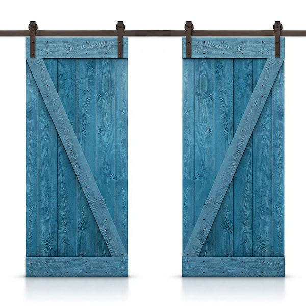 CALHOME Z Bar 48 in. x 84 in. Pre-Assembled Ocean Blue Stained Wood Interior Double Sliding Barn Door with Hardware Kit