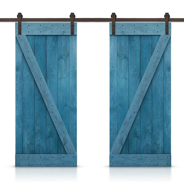 CALHOME Z Bar 72 in. x 84 in. Pre-Assembled Ocean Blue Stained Wood Interior Double Sliding Barn Door with Hardware Kit