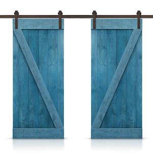60 in. x 84 in. Z Bar Series Ocean Blue Stained DIY Solid Pine Wood Interior Double Sliding Barn Door With Hardware Kit