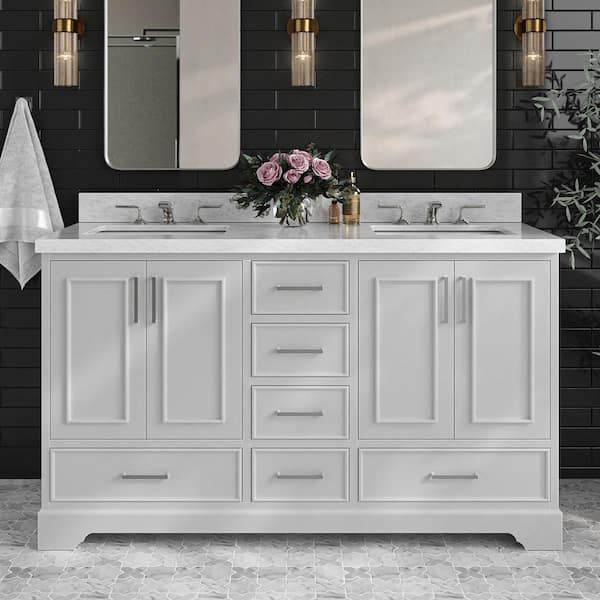 ARIEL Stafford 61 in. W x 22 in. D x 36 in. H Double Sink Freestanding Bath Vanity in Grey with Carrara White Marble Top
