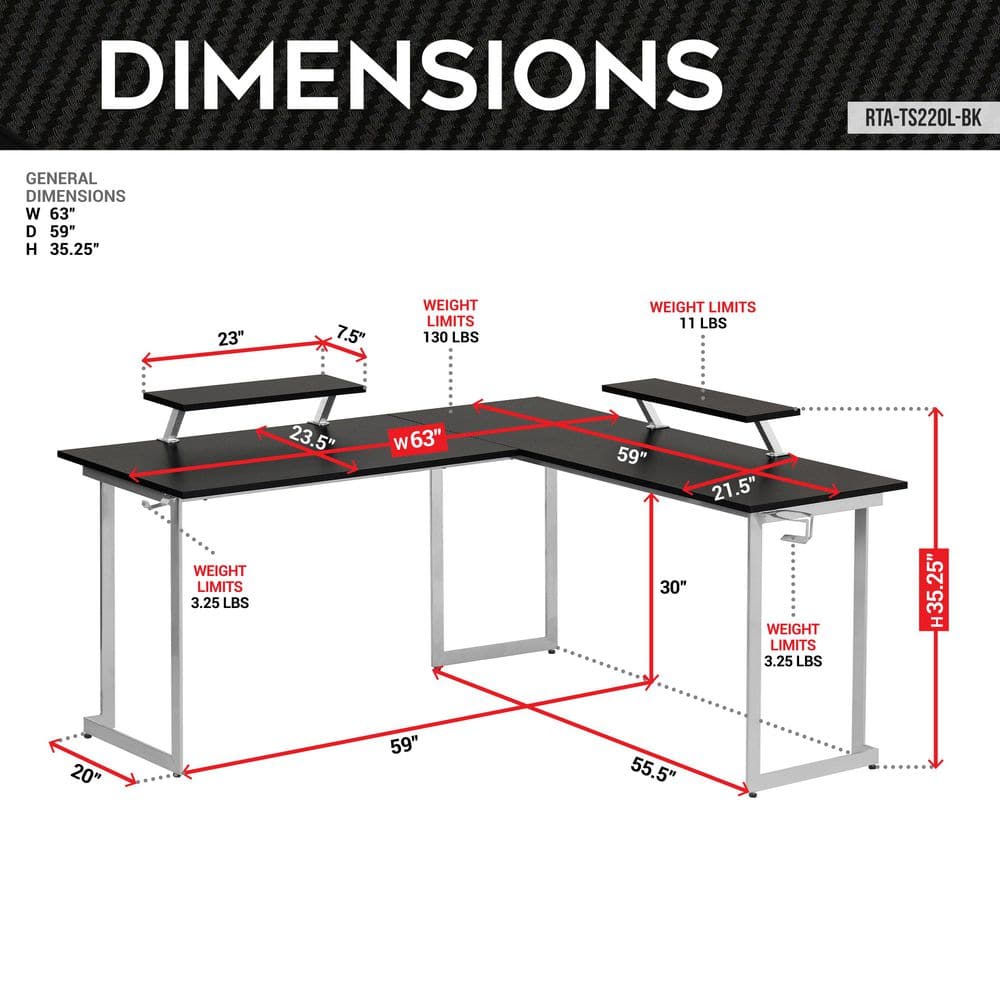 Techni Sport Warrior L-Shaped Gaming Desk with Cup Holders and Headphone Hook