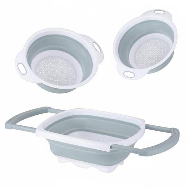 Collapsible Colander Set 3 Piece 6 qt. 4 qt. 2 qt. Gray Silicone Plastic Kitchen Strainer with Handles