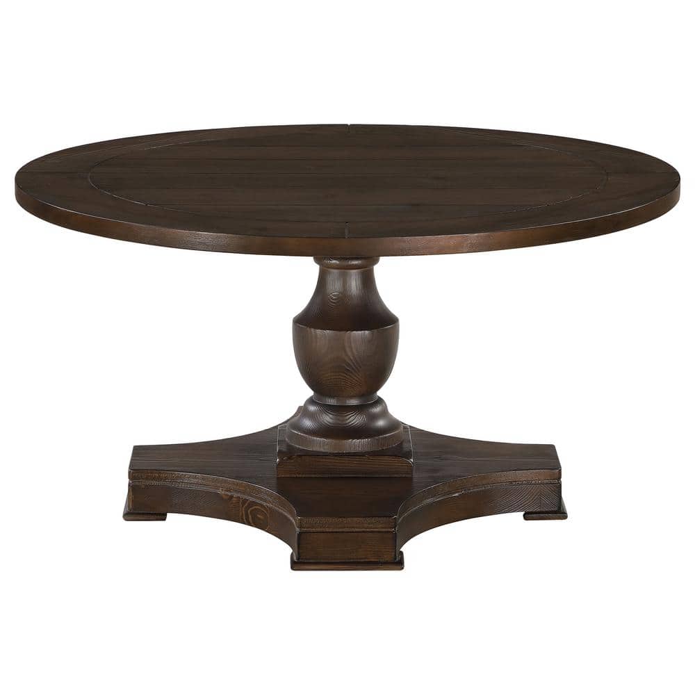 36" Brown Transitional Round Wood Coffee Table with Pedestal Base