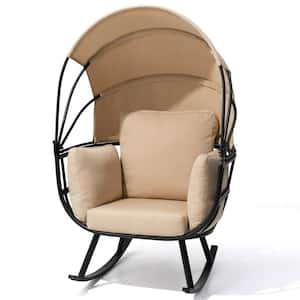 Rocking Egg Shaped Metal Outdoor Lounge Chair with Tan Cushion and Folding Sunshade Canopy