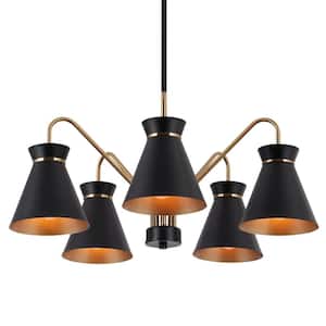 23 in. 5-Light Black Sputnik Chandelier, Modern Polished Brass Round Chandelier, Industrial DIY Hanging Pendant Light