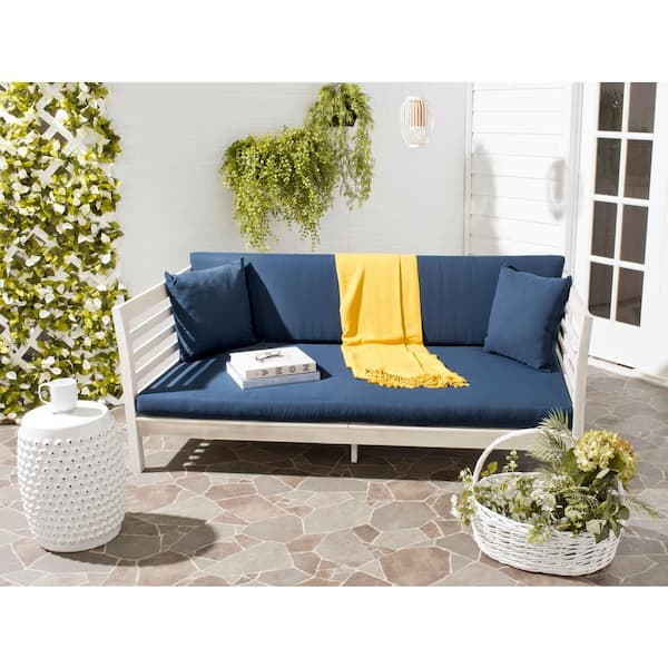 Malibu Antique White 1-Piece Wood Outdoor Day Bed with Navy Cushions