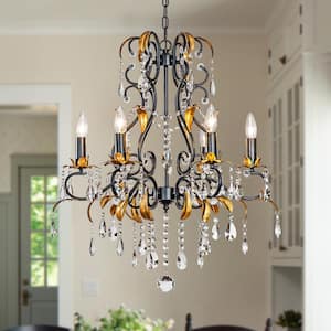 26 in. Mid-Century French Style 6-Light Crystal Chandelier in Matte Black and Antique Gold Finish For Dining Room