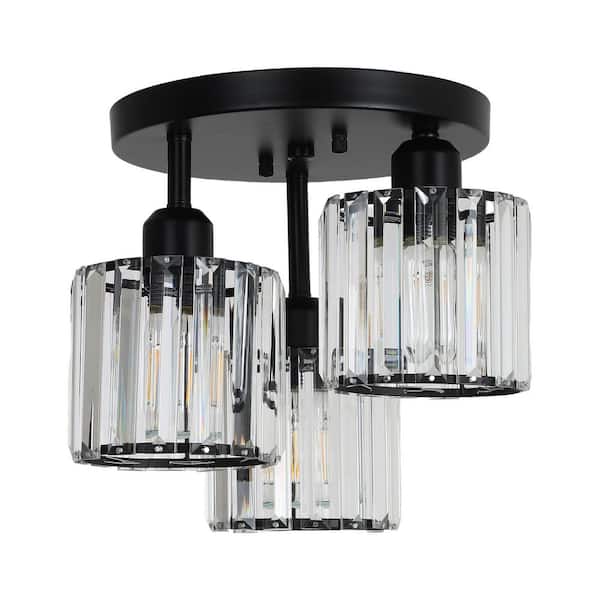 11.8 in. 3-Light Black Semi-Flush Mount Ceiling Light With Crystal Shade and No Bulbs Included