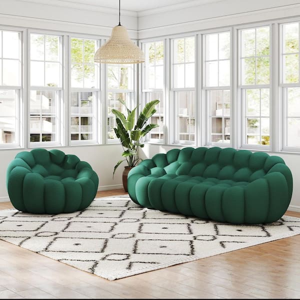 (Set of 2) Bubble Couch, 98.4 in. Green Mesh Fabric Curved Sectional Sofa Set 3-Seater Couch with Chair for Meeting Room