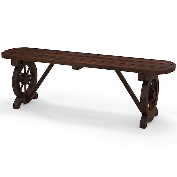 Gymax Rustic Wood Outdoor Bench w/Wagon Wheel Base Slatted Seat Design 710 lbs. Max Load Patio
