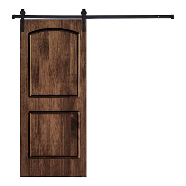 AIOPOP HOME Modern 80 in. x 42 in. 2-Panel Dark Walnut Painted Wood Roman Designed Sliding Barn Door with Hardware Kit