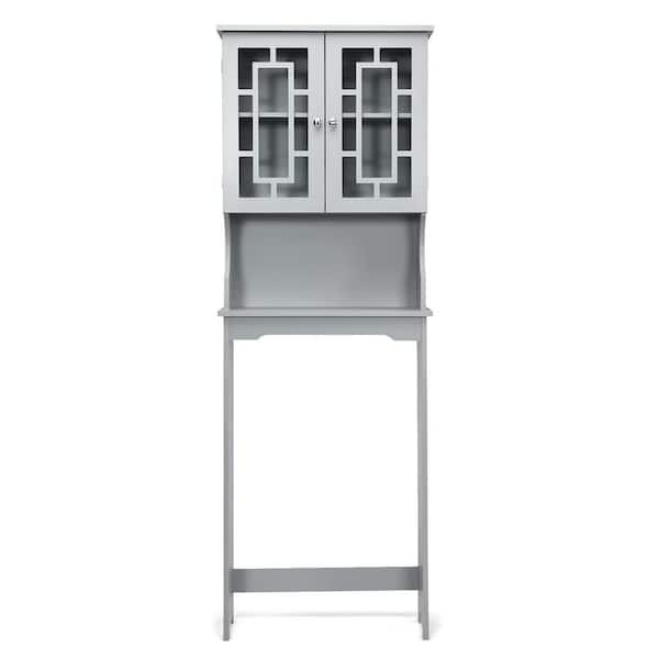 Costway 23.5 in. W x 67 in. H x 8.5 in. D Space Saver Gray Wood Over-the-Toilet Storage with Adjustable Shelf and Doors