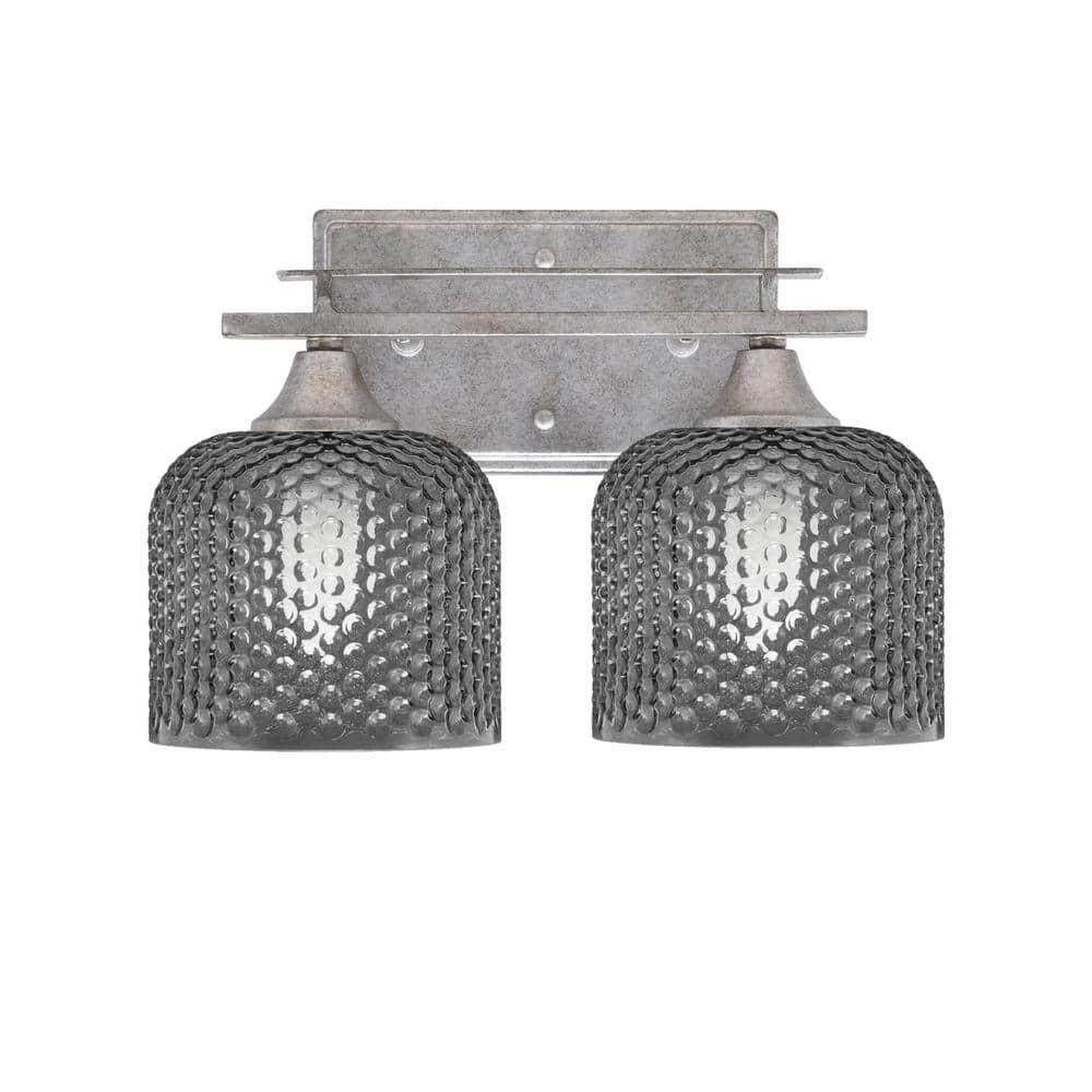 Ontario 13 in. 2-Light Vanity Light Aged Silver Smoke Textured Glass Shade