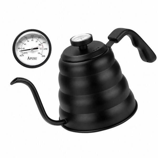 40oz Black Gooseneck Stovetop Tea Kettle with Built-In Thermometer, 1.2L Capacity for Pour Over Coffee