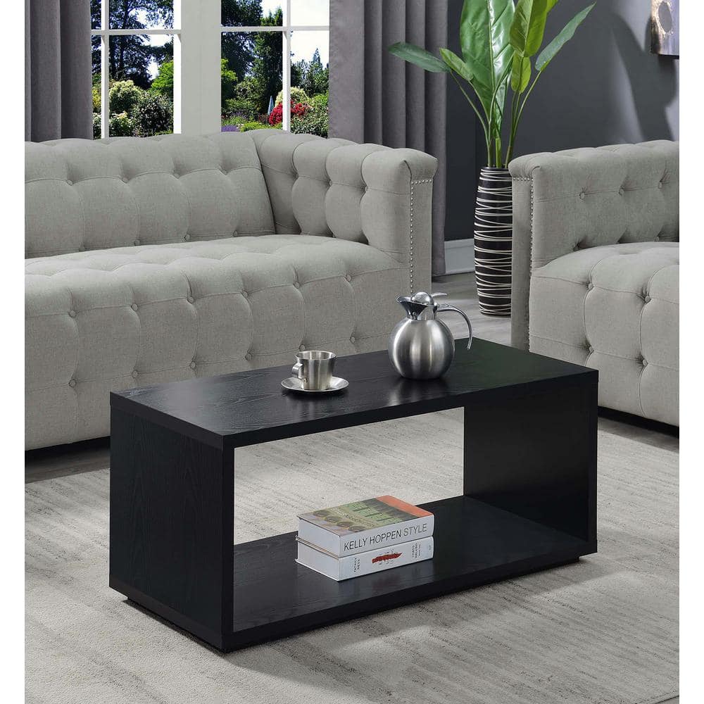 Black Rectangular Wood Coffee Table with Shelf