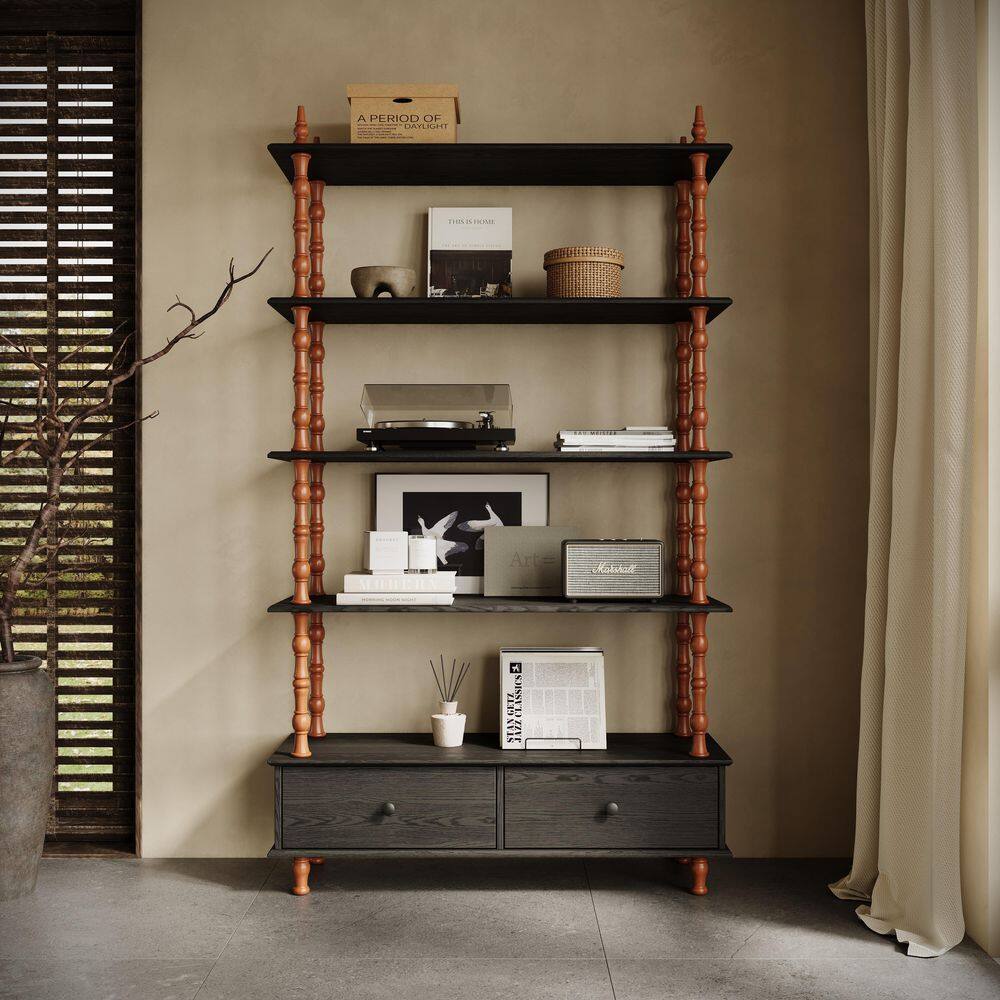 Kayla 74.4 in. Tall Black MDF and Pine Wood 5-Shelf Etagere Bookcase with Storage Drawers