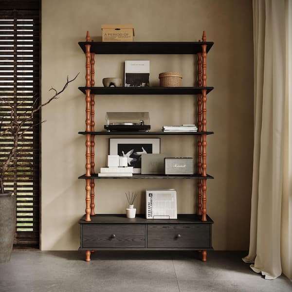 Kayla 74.4 in. Tall Black MDF and Pine Wood 5-Shelf Etagere Bookcase with Storage Drawers