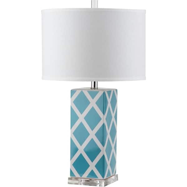 SAFAVIEH Garden 27 in. Light Blue Lattice Ceramic Table Lamp with White Shade