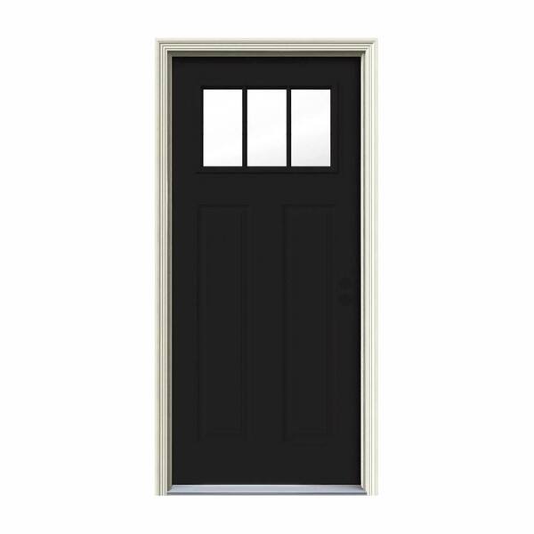 JELD-WEN 30 in. x 80 in. 3 Lite Craftsman Black w/White Interior Steel Prehung Left-Hand Inswing Front Door w/Brickmould