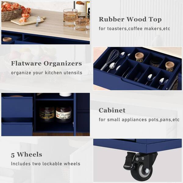 Blue Rubber Wood Countertop 53.1 in. W Kitchen Island on 5-Wheels with 8  Handle-Free Drawers and Flatware Organizer ktkhwy14 - The Home Depot