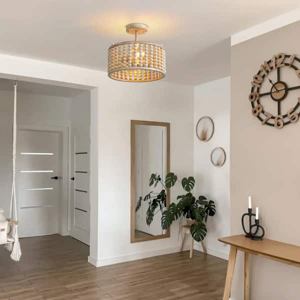Boho Farmhouse 12.6 in. 2-Light Oak White Wood Beaded Chandelier Semi Flush Mount Ceiling Light