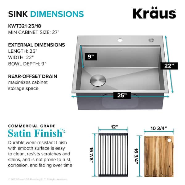 KRAUS Loften 25 in. Drop-In/Undermount Single Bowl 18 Gauge