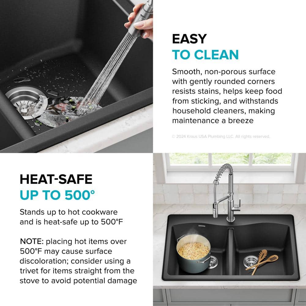 33-Inch Black Granite Double Bowl Drop-In Kitchen Sink