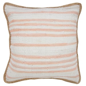 Riley Coral Pink/White Thicker Stripe Jute Soft Polyfill Bordered 20 in. x 20 in. Throw Pillow