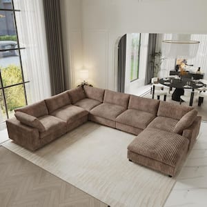 Modern 197 in. Oversized Square Arm Soft Velvet 7-Piece L-shaped Modular Cloud Sectional Sofa in Brown/6 Seats+1 Ottoman