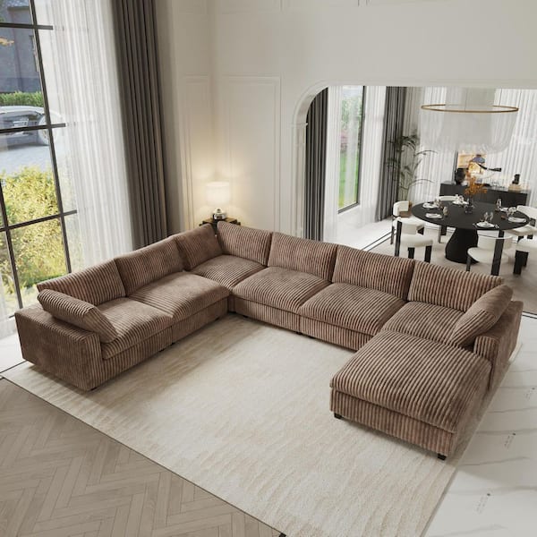 Modern 157 in. Square Arm Oversized Deep Seat Velvet 7-Piece L-Shaped Modular Sectional Sofa with Storage Ottoman, Brown