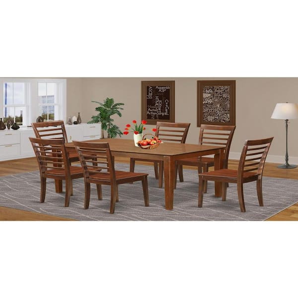 East West Furniture 7-Piece Rectangle Mahogany Finish Solid Wood Top Dining Table with 6 Chairs with Lattice Back
