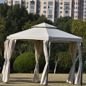 11 ft. W x 11 ft. L Outdoor Patio Hexagon Gazebo with Polyester Curtain Side Wall and Double Roofs