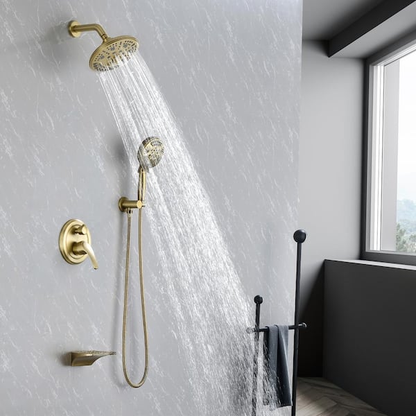 Antique Brass Bathroom Shower Faucet Set Brushed Gold Shower Fixture 8 Inch  Rainfall Shower Head Handheld Shower Cross Handle