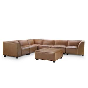 Wellington 136 in. 7-Piece Camel Top Grain Leather 6-Seat Modular Sectional and Ottoman