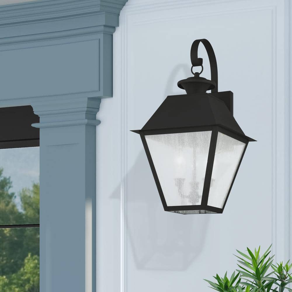 Elegant Mansfield Black Seeded Glass 3-Light Outdoor Wall Lantern