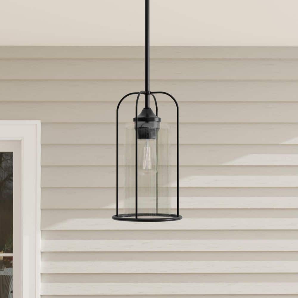 Textured Black Farmhouse Hanging Pendant Lantern with Seeded Glass Shade