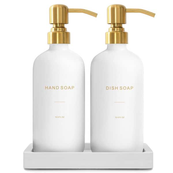 Modern Minimalist White & Gold Glass Soap Dispenser & Lotion Dispenser Set with Handmade Tray and Stainless Steel Pump