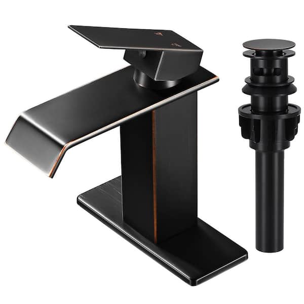 Waterfall Spout Single Handle Single Hole Bathroom Faucet with Deckplate and Pop-Up Drain in Oil Rubbed Bronze