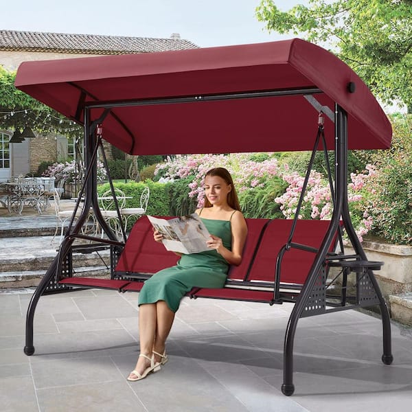 Cesicia 3-Person Red Metal Patio Swing with Textilene Backrest and Adjustable Canopy