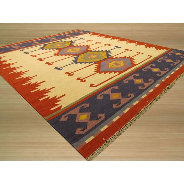 5 ft. x 8 ft. Ivory Elegant and Durable Hand Knotted Luxurious Geometric Pattern Keysari Kilim Rectangle Wool Area Rugs