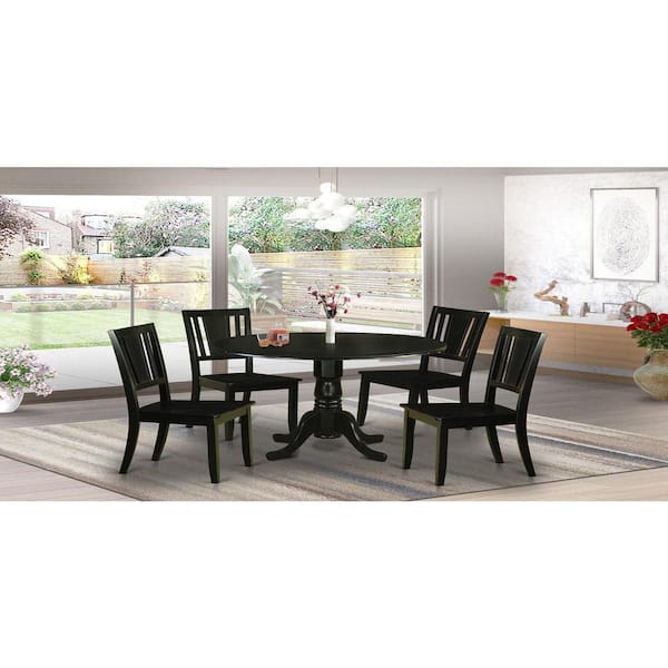 East West Furniture 5-Piece Round Black Finish Solid Wood Top Dining table with 4 Chairs with Lattice Back